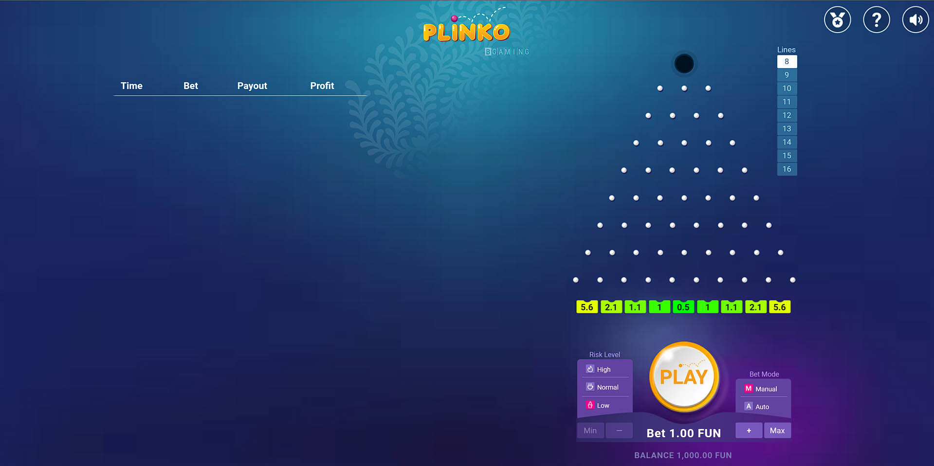 Interface and controls for Plinko